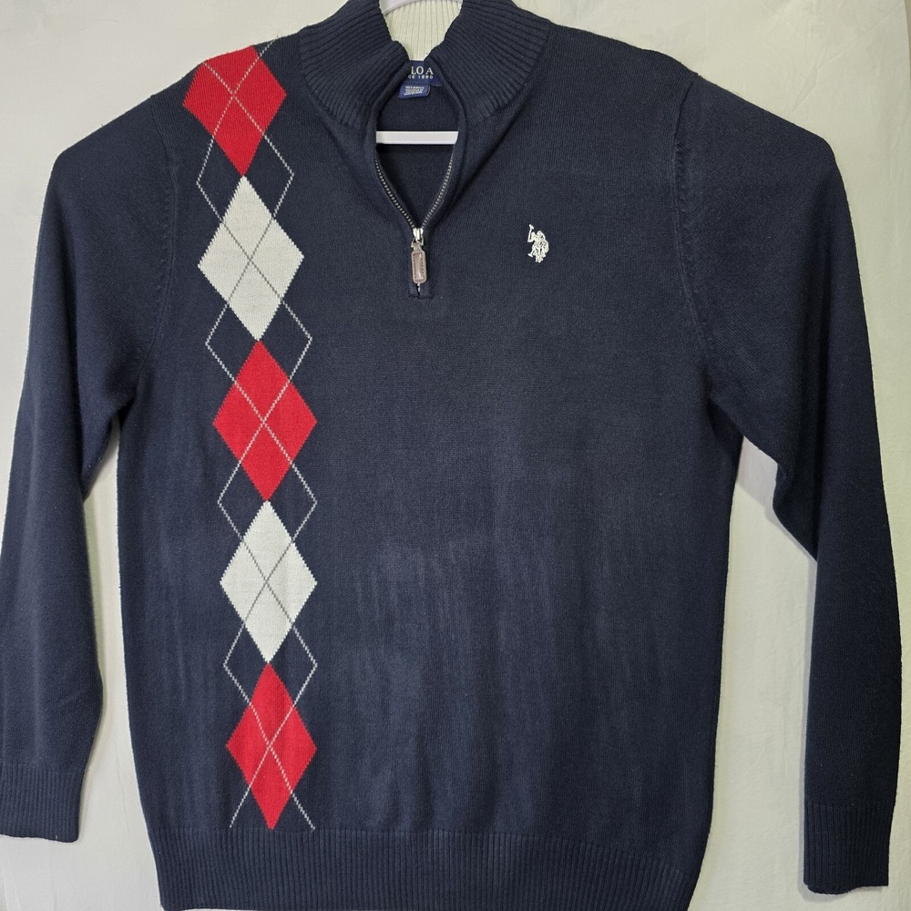 US Polo Assn Mens Navy Blue Argyle Quarter Zip Sweater Large Mock Neck Pullover
